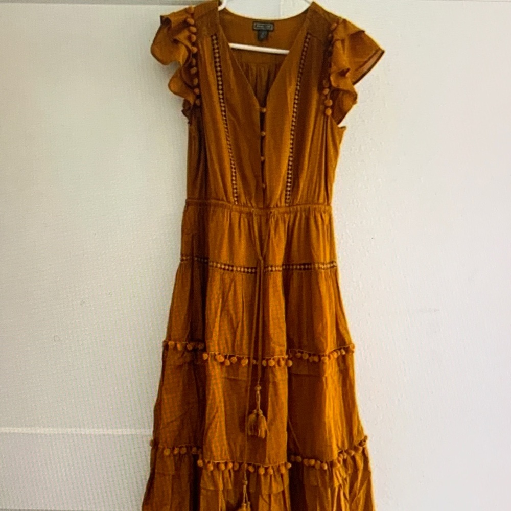 Zara Mustard Midi Dress with Ruffle Sleeves